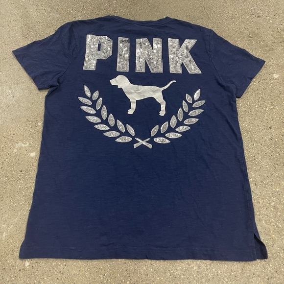 Navy Victoria's Secret PINK Sequin Shine Campus Short Sleeve Tee size Medium - Picture 2 of 8